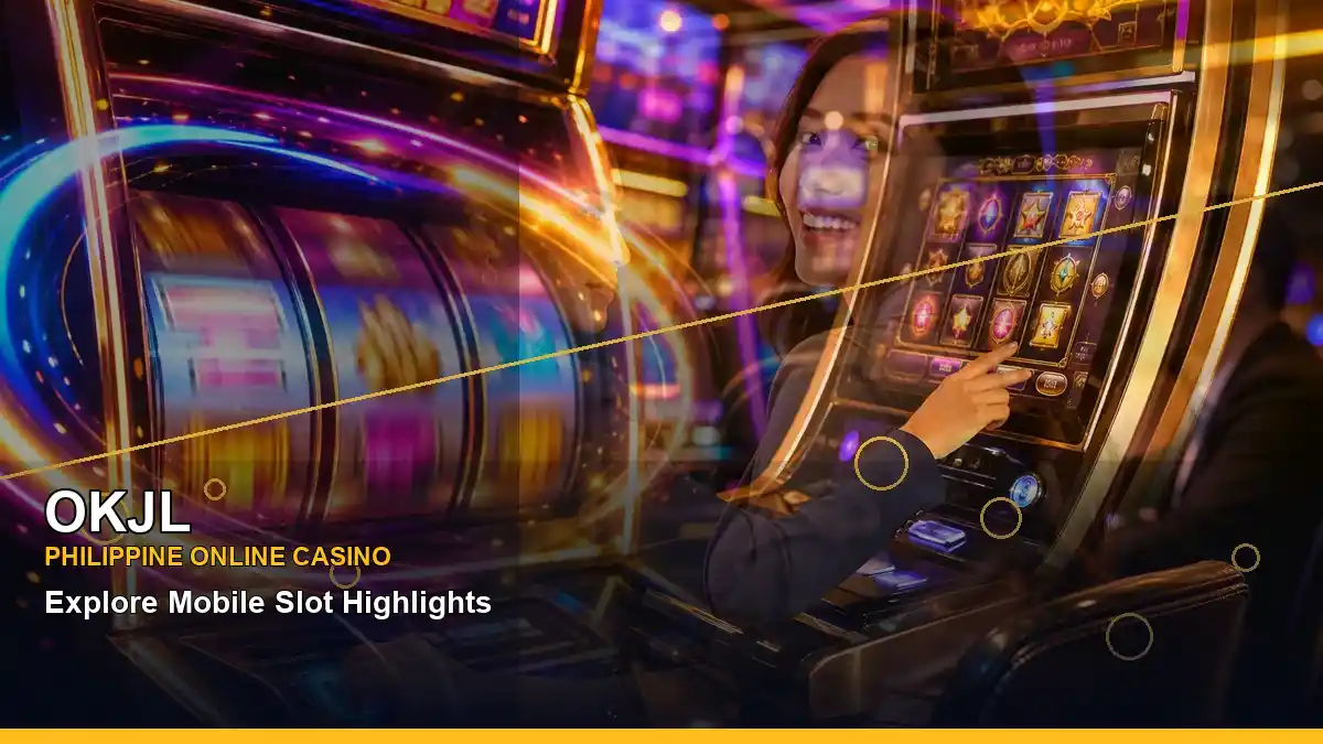 OKJL luxury Slots featuring an adult female casino host in a left-angled composition, view 2